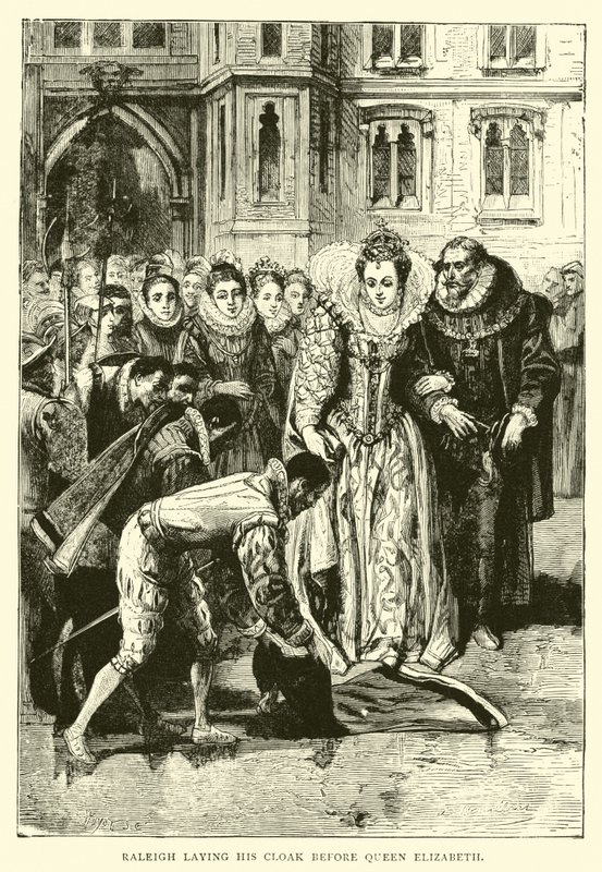 Raleigh lägger sin mantel inför drottning Elizabeth av English School