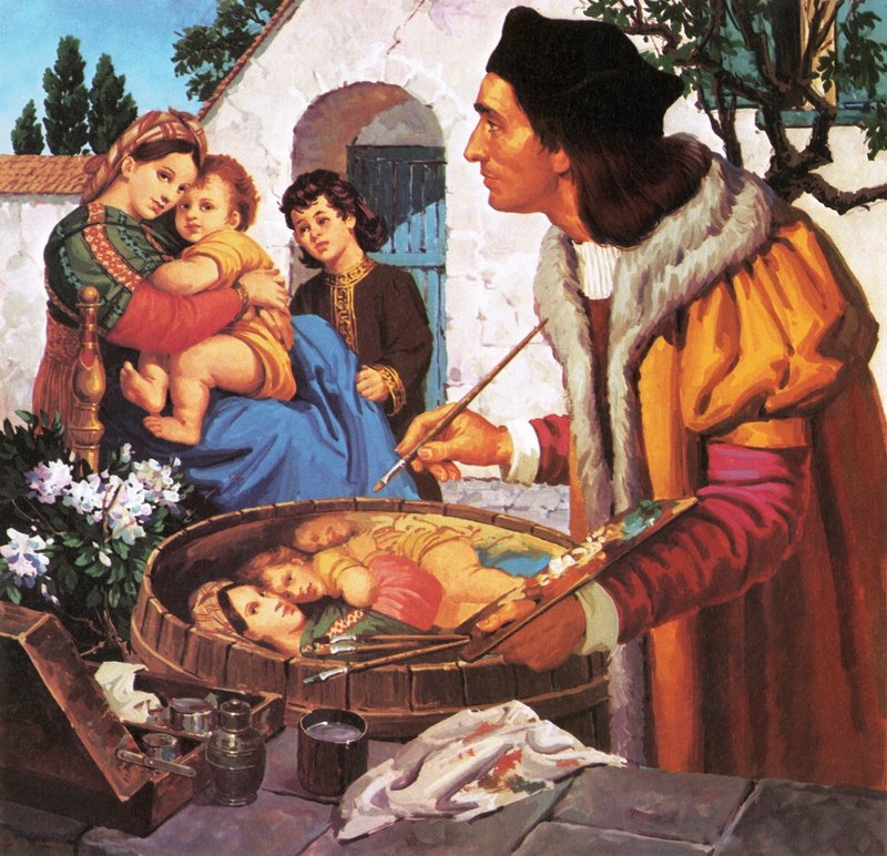 Raphael målar madonna och barn på toppen av en vinfat av English School