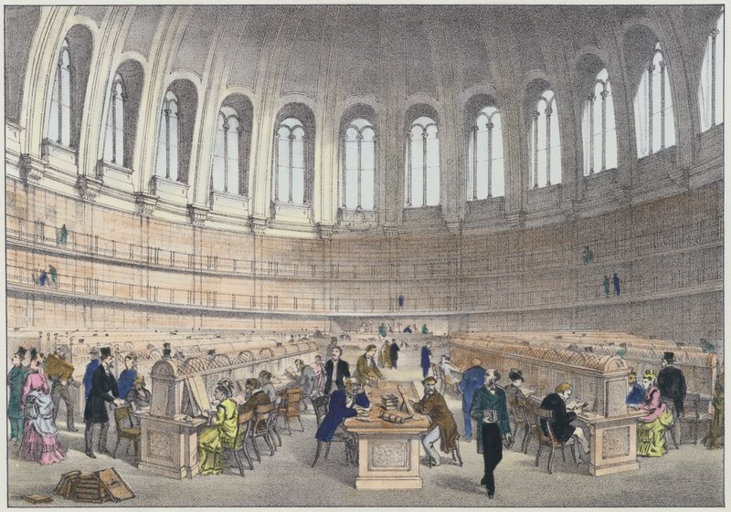 Lässal i British Museum, London (färgad gravyr) av English School