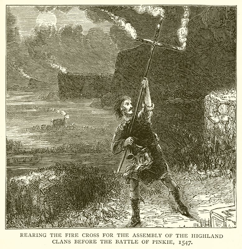 Uppfostrar eldkorset för församlingen av Highland Clans före slaget vid Pinkie, 1547 av English School