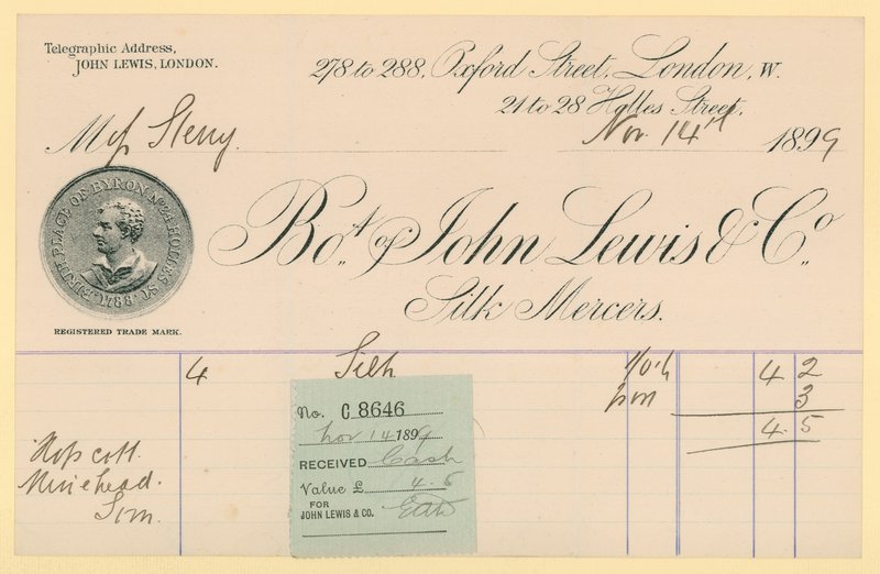 Kvitto från John Lewis & Co., 14 november 1896 av English School