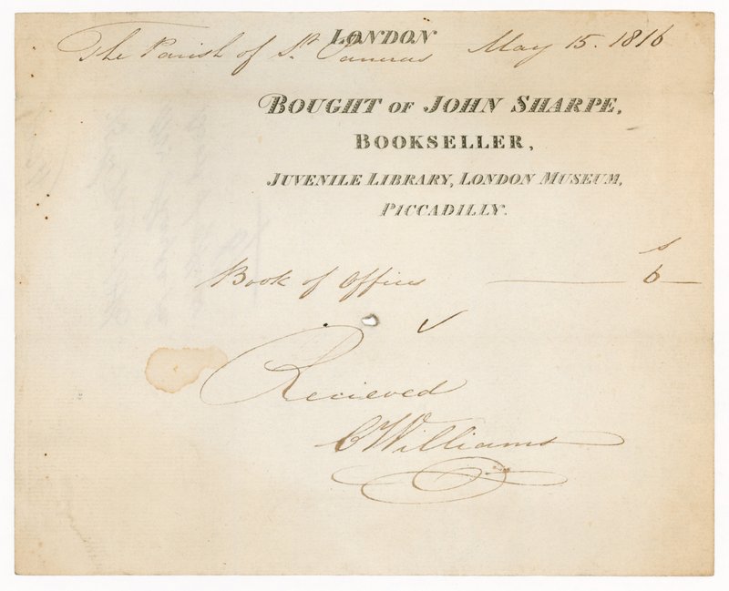 Kvitto från John Sharpe, bokhandlare, Juvenile Library, London Museum, Piccadilly, London av English School