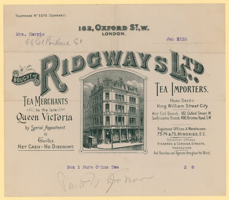 Kvitto från Ridgways, teimportörer, 182 Oxford Street, London av English School