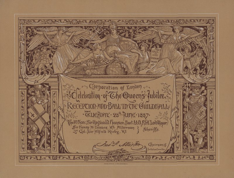Mottagning och bal för att fira drottning Victorias guldjubileum i Guildhall, City of London, 28 juni 1887 (litografi) av English School