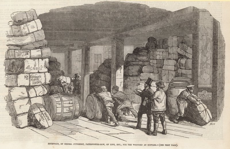 Mottagning, av herrarna Cuthbert, Paternoster Row, av lint, etc, för de sårade i Scutari av English School