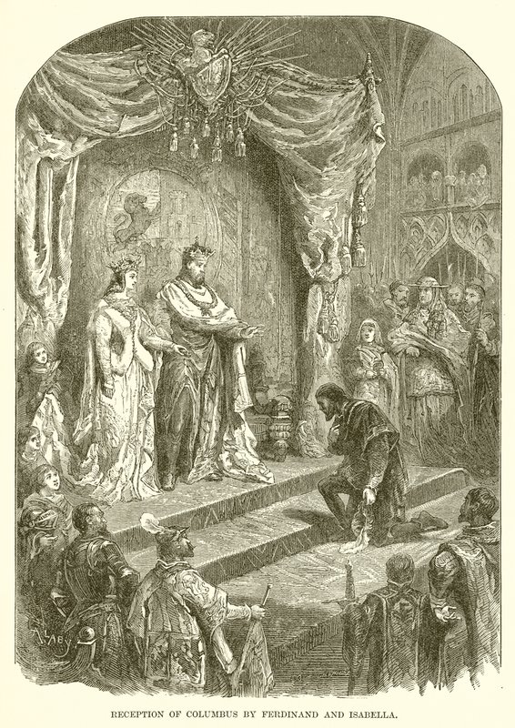 Mottagning av Columbus av Ferdinand och Isabella av English School