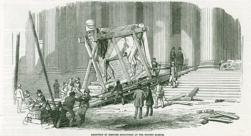 Mottagande av skulpturer från Nineveh på British Museum (gravyr) av English School