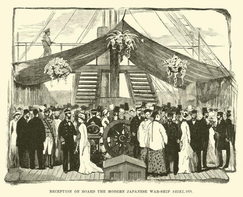 Mottagning ombord på det moderna japanska krigsfartyget Seiki, 1878 av English School
