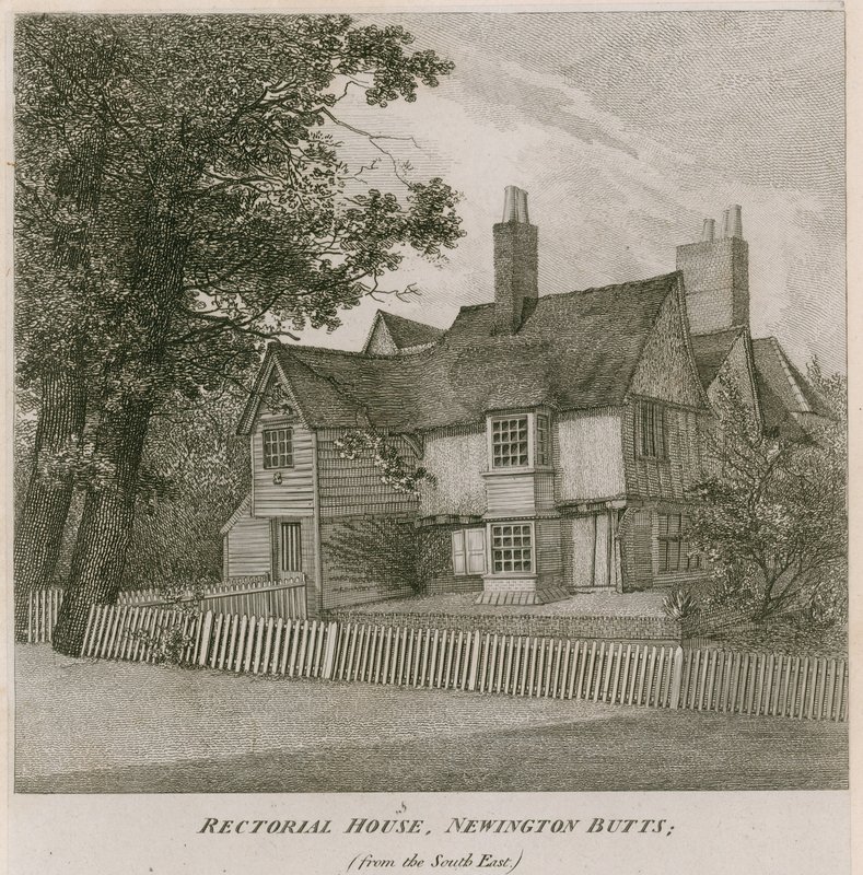 Rector House i Newington Butts, Southwark, London, från sydost av English School