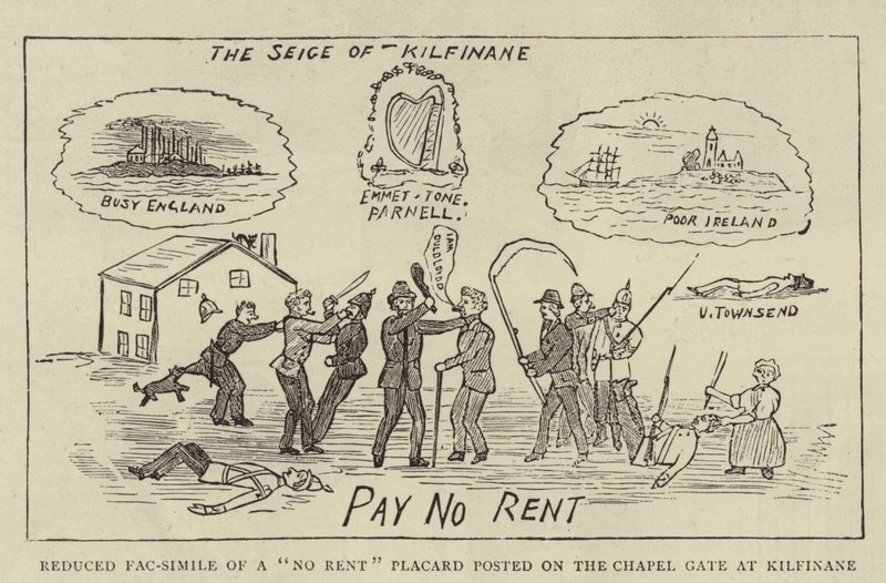 Förminskad faksimil av ett "No Rent" plakat uppsatt på kapellporten vid Kilfinane (gravyr) av English School