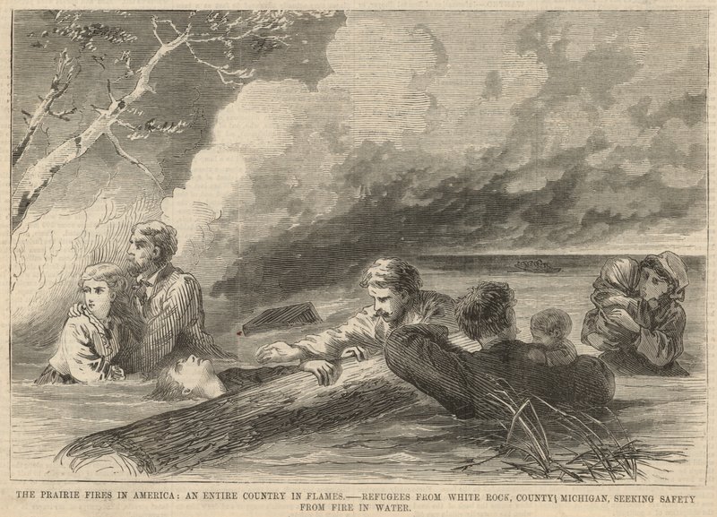 Flyktingar från White Rock, County Michigan, söker säkerhet från brand i vatten av English School