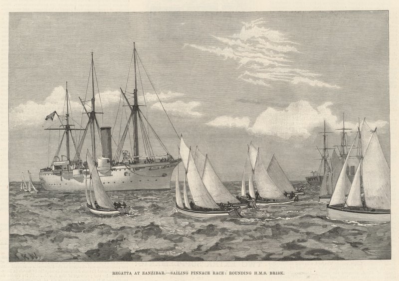 Regatta på Zanzibar, Sailing Pinnace Race, runda HMS Brisk (gravyr) av English School