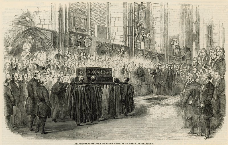 Återbegravningen av John Hunters finns kvar i Westminster Abbey av English School