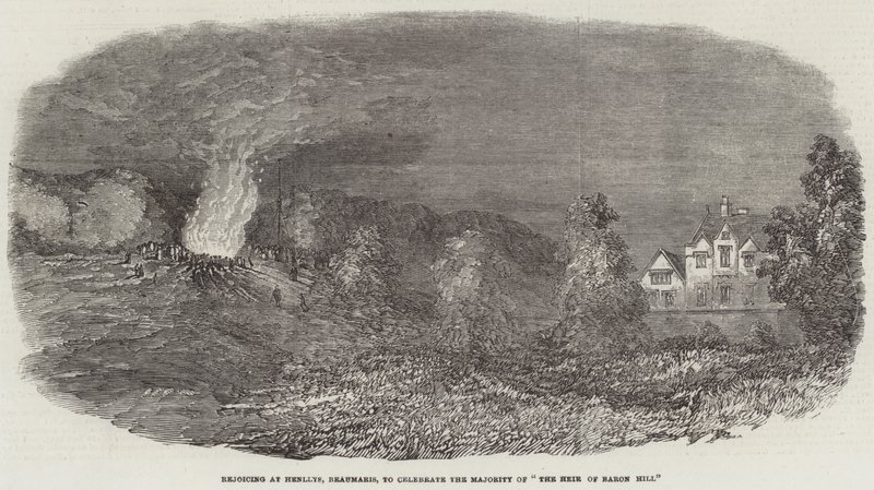 Jubel vid Henllys, Beaumaris, för att fira majoriteten av "The Heir of Baron Hill" (gravyr) av English School
