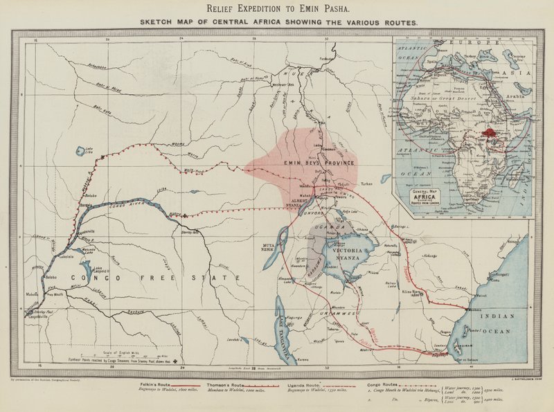 Hjälpexpedition till Emin Pasha, skiss på en karta över Centralafrika som visar de olika rutterna (färg litho) av English School