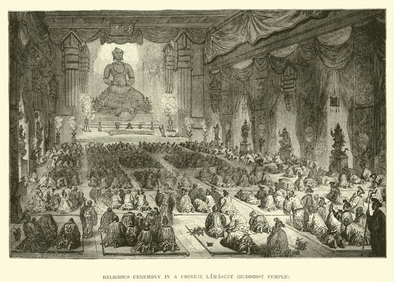 Religiös ceremoni i ett kinesiskt lamaseri, buddhistiskt tempel av English School