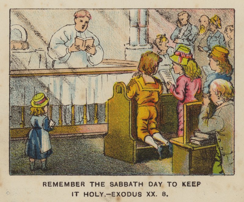 Kom ihåg sabbatsdagen för att hålla den helig, 2 Mosebok XX 8 (färg litho) av English School