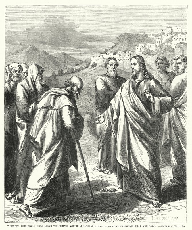 Ge därför kejsaren det som är kejsarens och Gud det som är Guds, Matteus XXII, 21 (gravyr) av English School