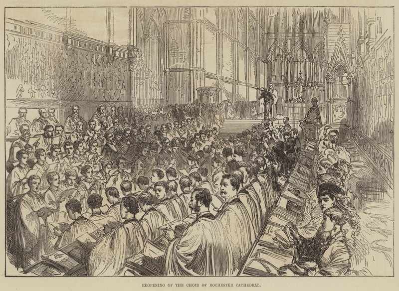 Återöppning av Choir of Rochester Cathedral (gravyr) av English School