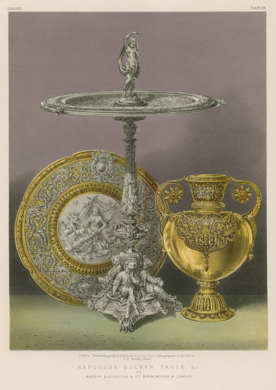 Repousse Silver Table etc av Mrs Elkington and Co, Birmingham och London av English School