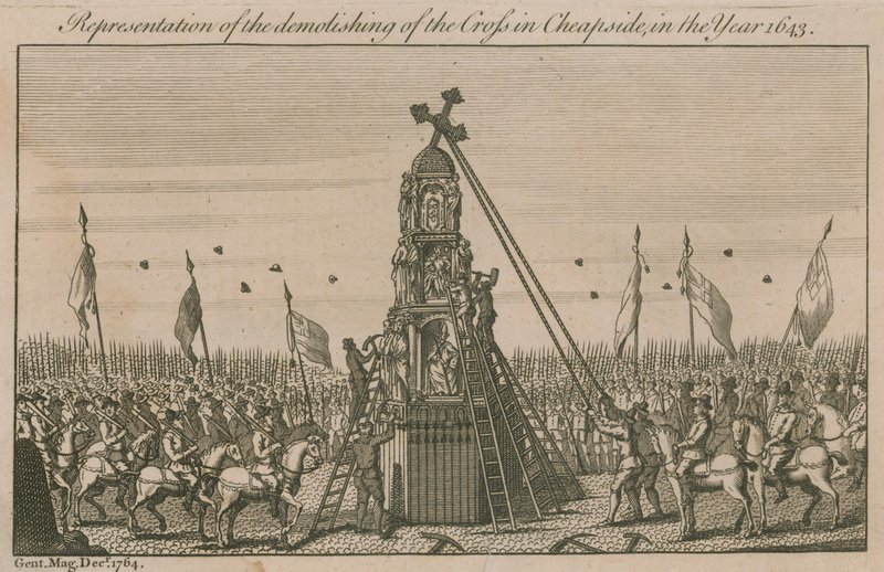 Representation av rivningen av korset i Cheapside år 1643 av English School