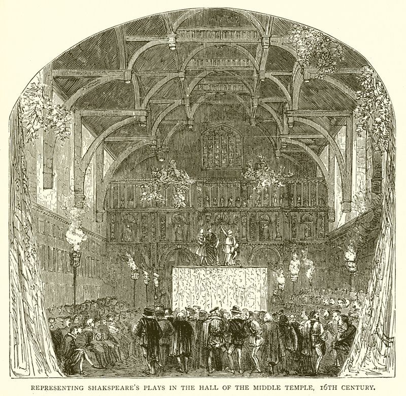 Representerar Shakespeares pjäser i Hall of the Middle Temple, 1500-talet av English School