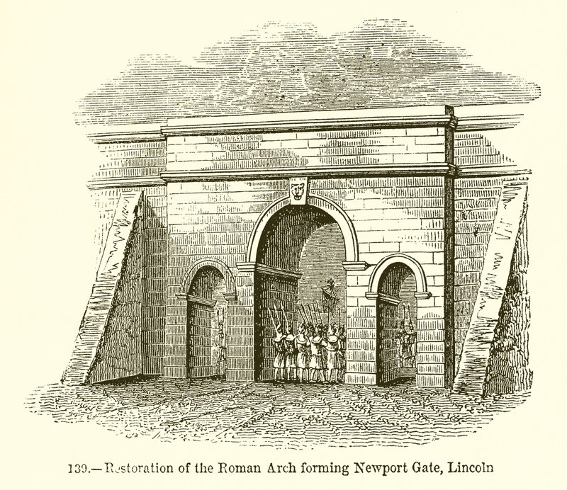 Restaurering av den romerska bågen som bildar Newport Gate, Lincoln av English School