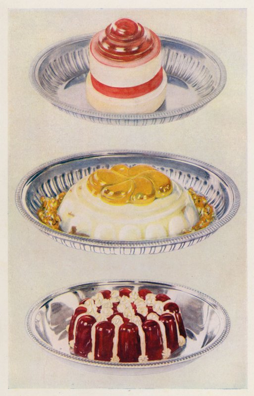 Ribbon Jelly; Venus Pudding; Wine Jelly och Cream (färglitografi) av English School