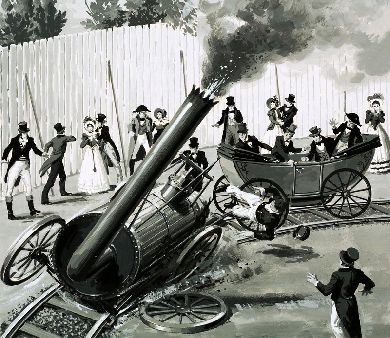 Richard Trevithick byggde en liten cirkulär järnväg i London för att introducera människor till tågresor (gouache på papper) av English School