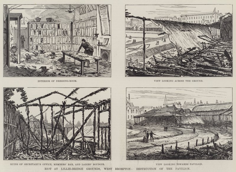 Upplopp vid Lillie-Bridge Grounds, West Brompton, Destruction of the Pavilion (gravyr) av English School