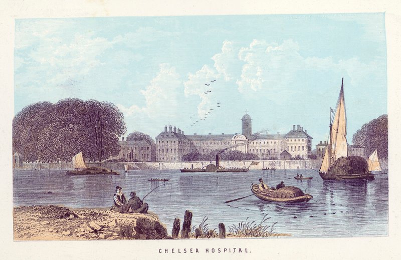 Themsen: Chelsea Hospital (färgad gravyr) av English School