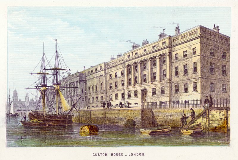 Themsen: Custom House, London (färgad gravyr) av English School
