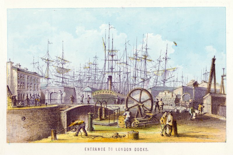 Themsen: Entré till London Docks (färgad gravyr) av English School
