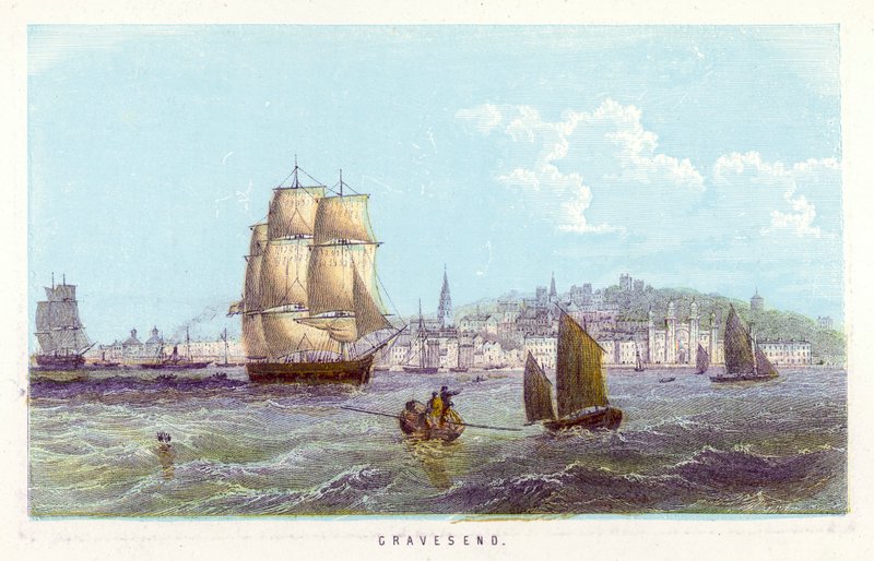 Themsen: Gravesend (färgad gravyr) av English School