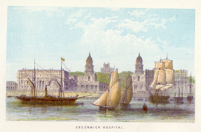 Themsen: Greenwich Hospital (färgad gravyr) av English School