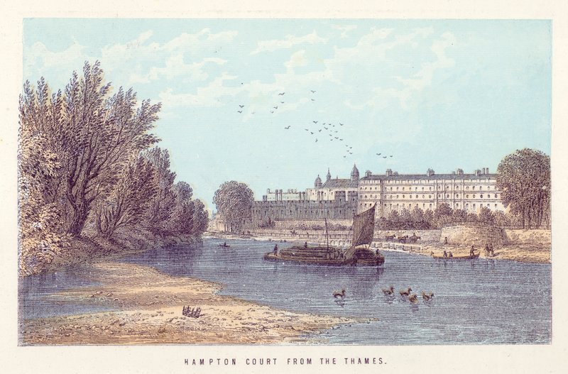 Themsen: Hampton Court från Themsen (färgad gravyr) av English School