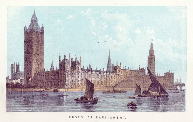 Themsen: Houses of Parliament (färgad gravyr) av English School