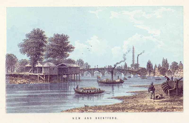 Themsen: Kew och Brentford (färgad gravyr) av English School