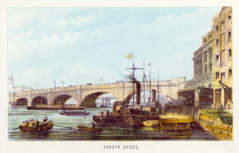 Themsen: London Bridge (färgad gravyr) av English School