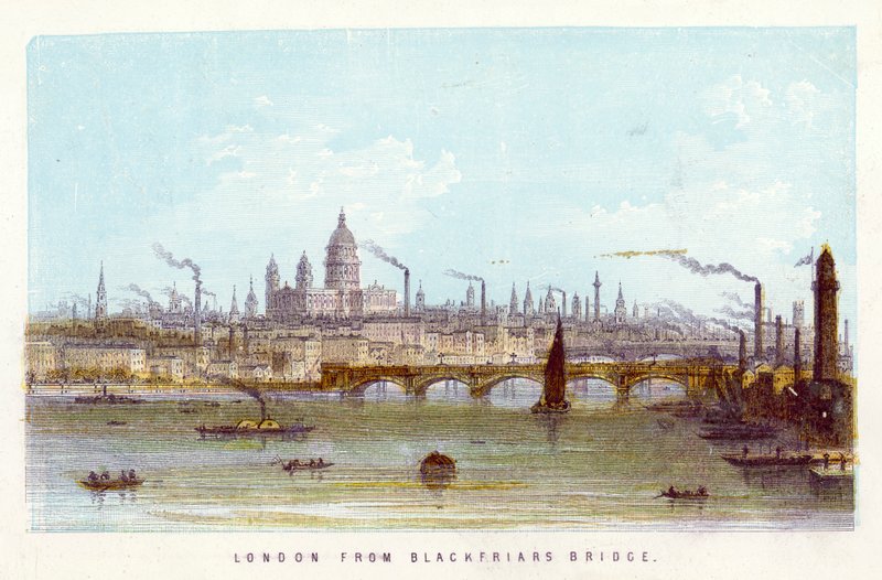 Themsen: London från Blackfriars Bridge (färgad gravyr) av English School