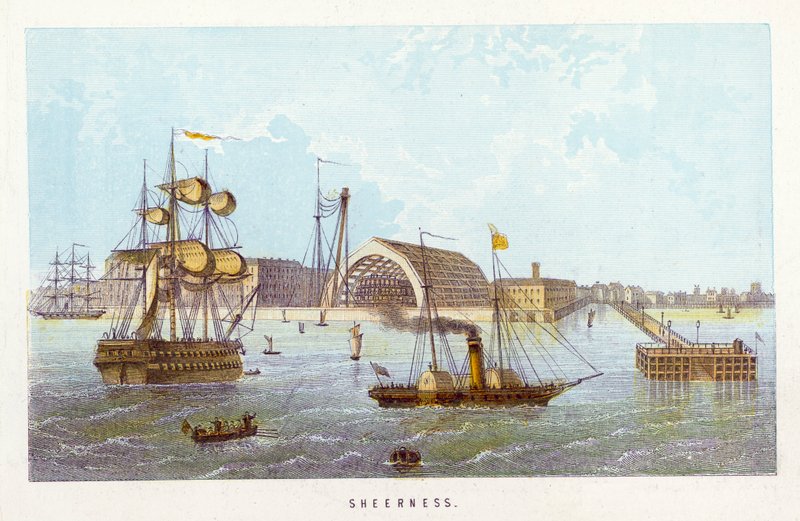 Themsen: Sheerness (färgad gravyr) av English School