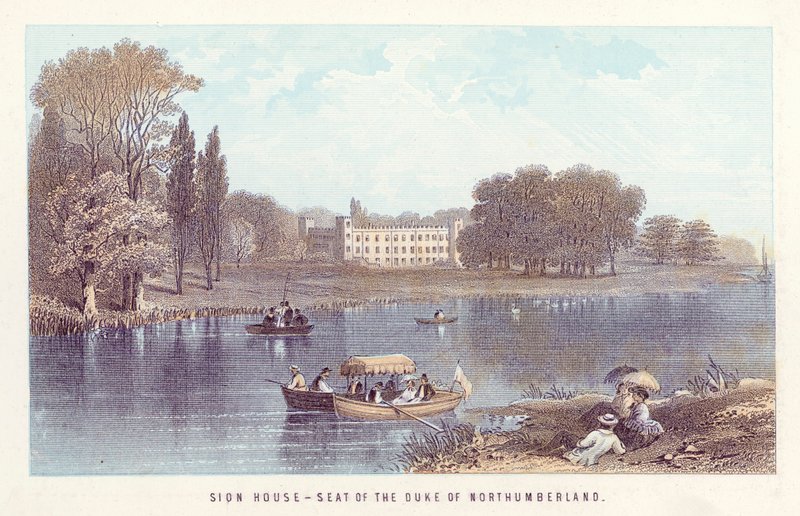 Themsen: Sion House-Seat of the Duke of Northumberland (färgad gravyr) av English School