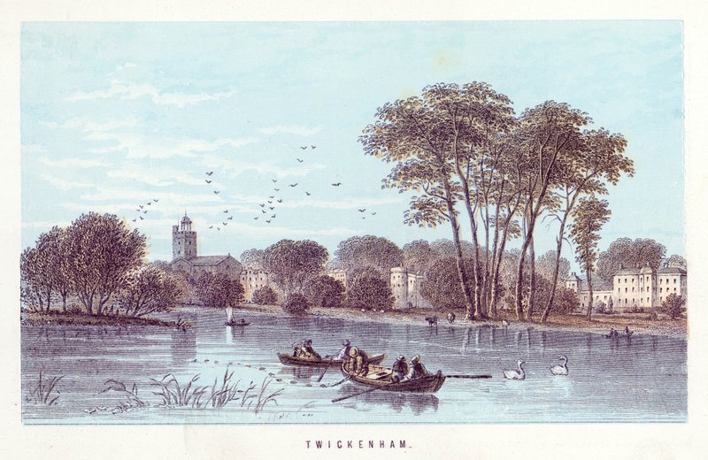 Themsen: Twickenham (färgad gravyr) av English School