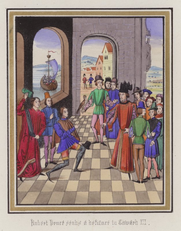 Robert Bruce trotsar kung Edward III (färgad gravyr) av English School