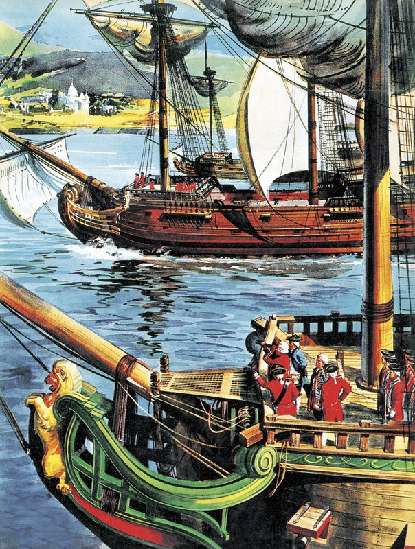 Robert Clive seglar uppför Bengaliska viken till mynningen av Ganges av English School