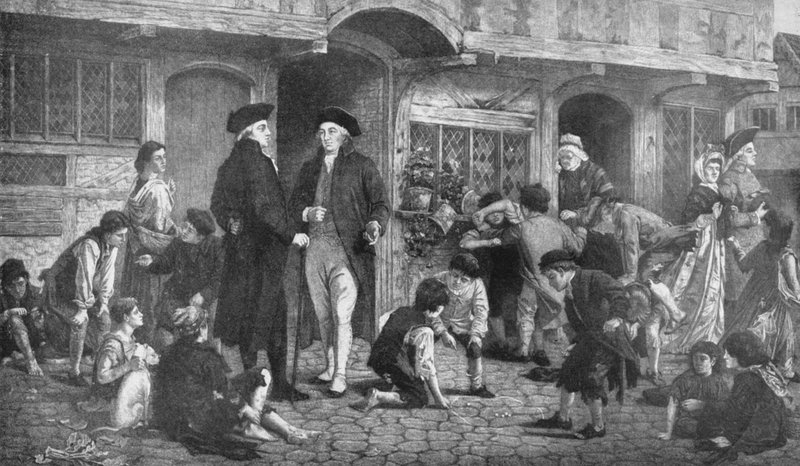 Robert Raikes, grundaren av söndagsskolorna, och huset där den första söndagsskolan hölls ? av English School
