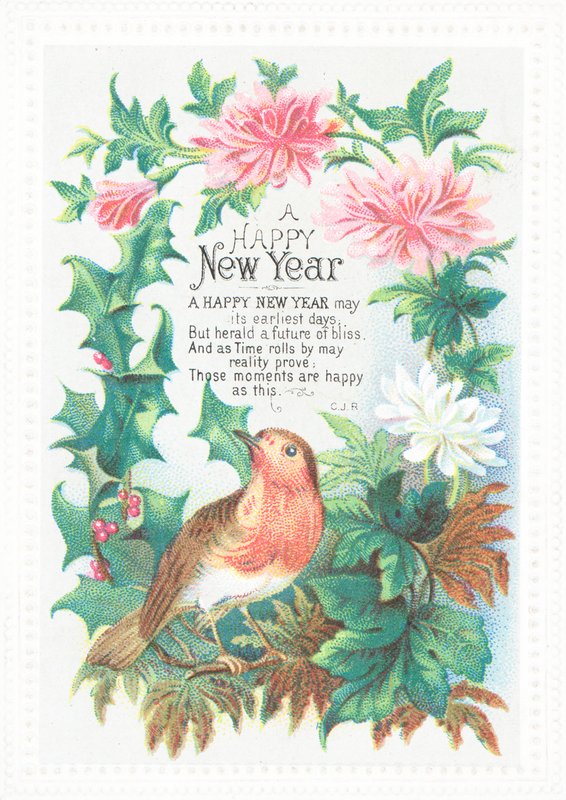 Robin och blommor, nyårskort av English School