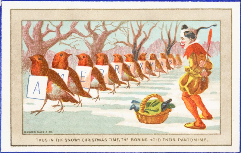 Robins och clown i snön, julkort av English School