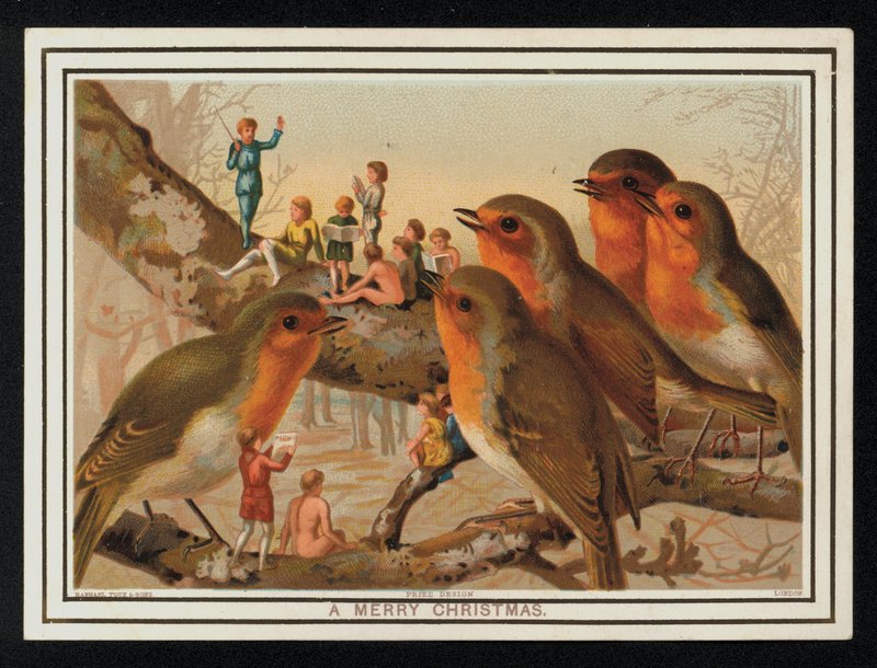 Robins och en grupp artister, julhälsnings kort. (chromolitho) av English School