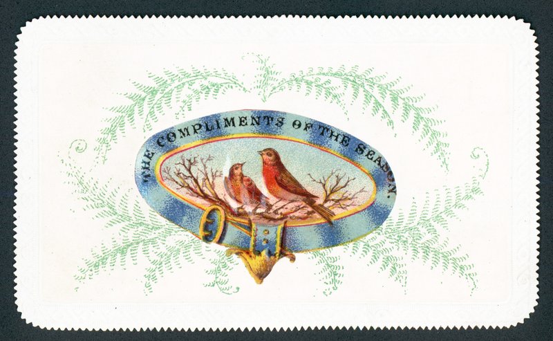 Robins sitter i oval med ormbunke surround, julkort av English School